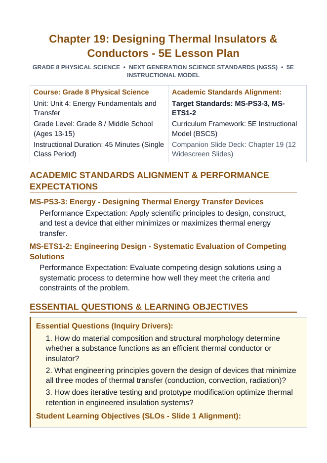 Designing Thermal Insulators & Conductors 5E Lesson Plan sample page