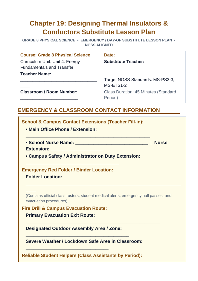 Designing Thermal Insulators & Conductors Substitute Lesson Plan sample page