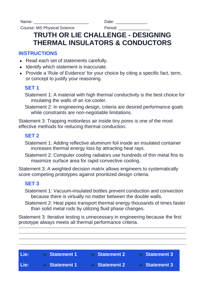 Designing Thermal Insulators & Conductors Truth or Lie Challenge sample page