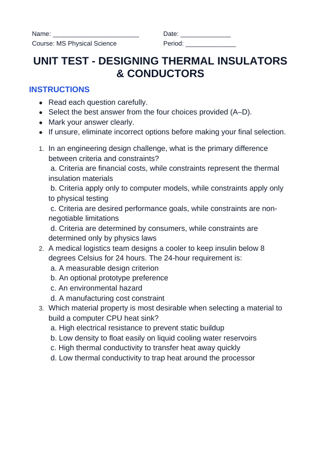 Designing Thermal Insulators & Conductors Unit Test sample page