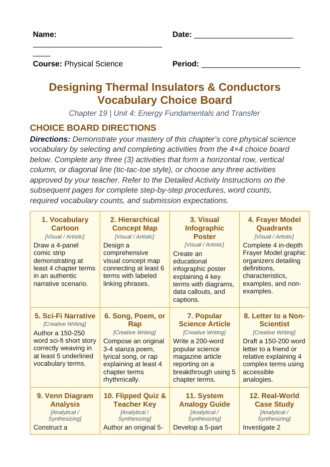 Designing Thermal Insulators & Conductors Vocabulary Choice Board sample page