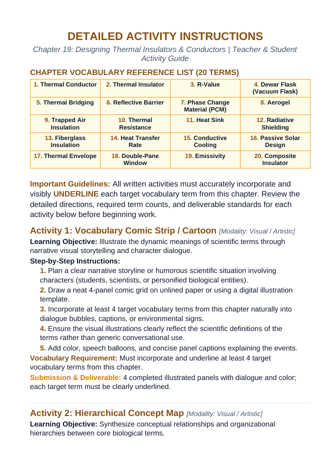 Designing Thermal Insulators & Conductors Vocabulary Choice Board sample page
