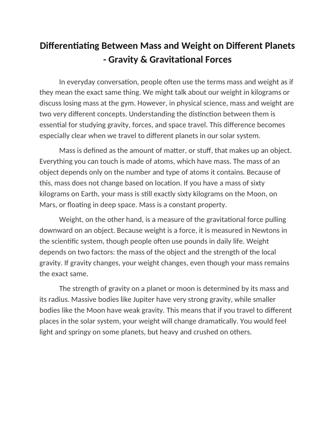 Differentiating Between Mass and Weight on Different Planets Reading Worksheet sample page