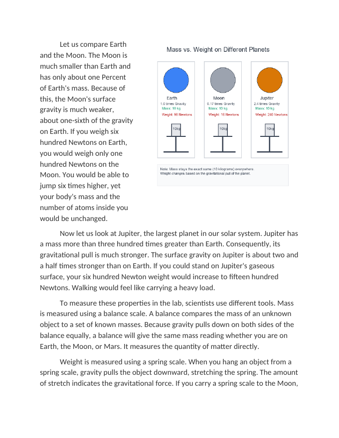 Differentiating Between Mass and Weight on Different Planets Reading Worksheet sample page