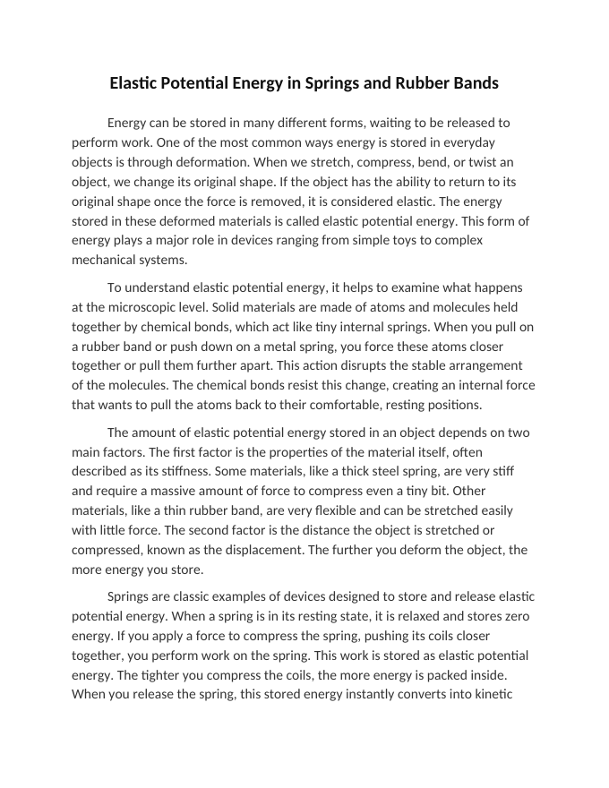 Elastic Potential Energy in Springs and Rubber Bands Reading Worksheet sample page