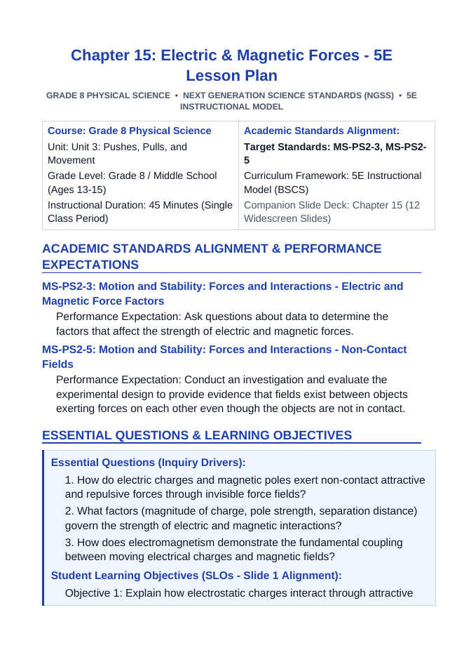 Electric & Magnetic Forces 5E Lesson Plan sample page
