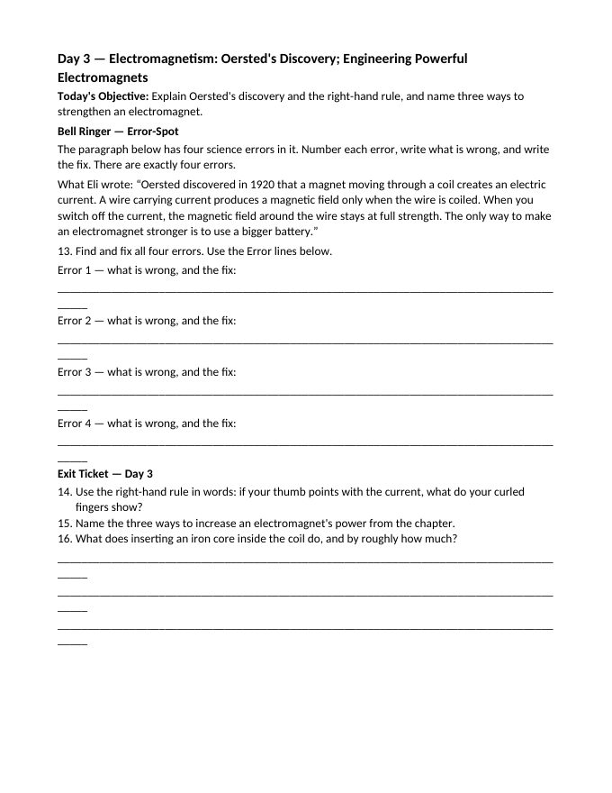 Electric & Magnetic Forces Bell Ringers & Exit Tickets sample page