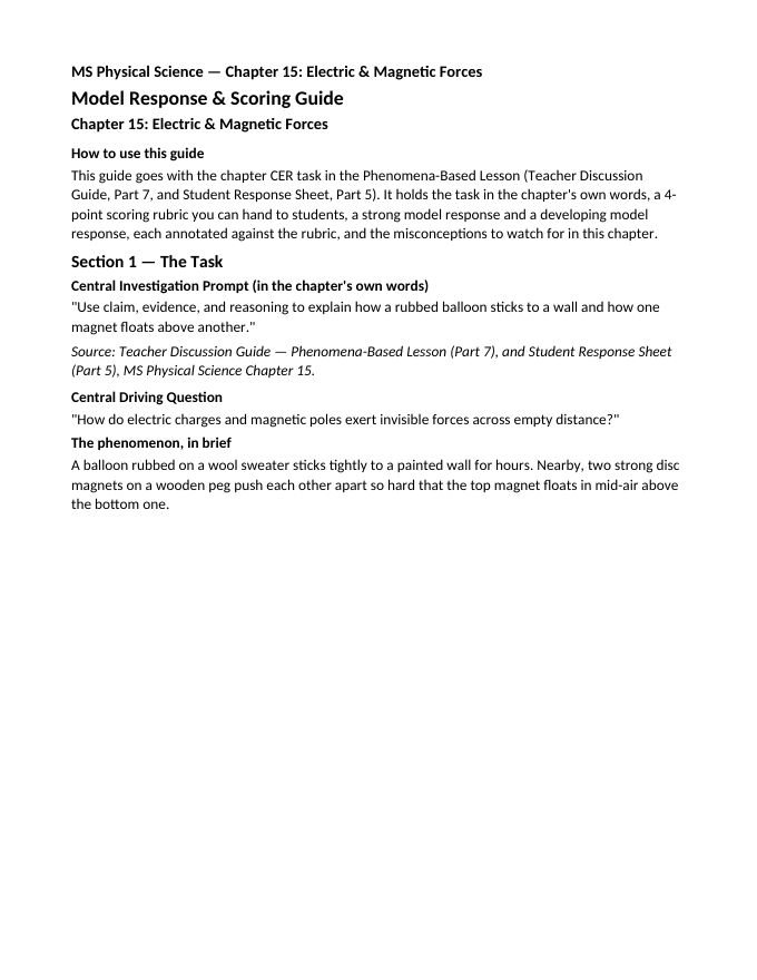 Electric & Magnetic Forces Model Response & Scoring Guide sample page