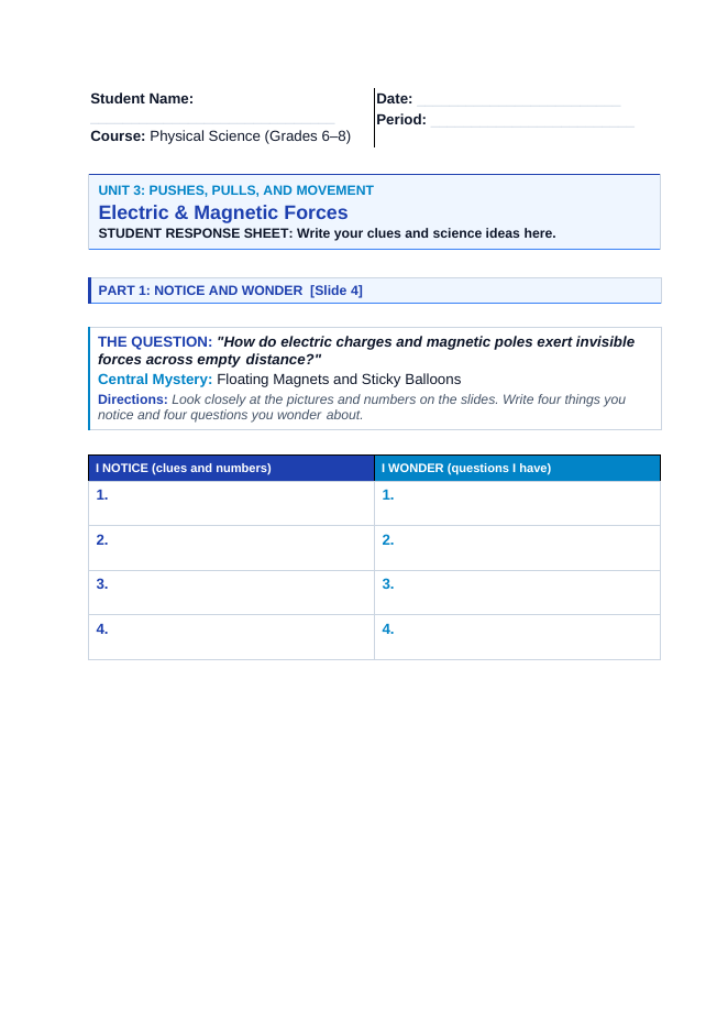 Electric & Magnetic Forces Phenomena-Based Lesson: Floating Magnets and Sticky Balloons Student Response Sheet sample page