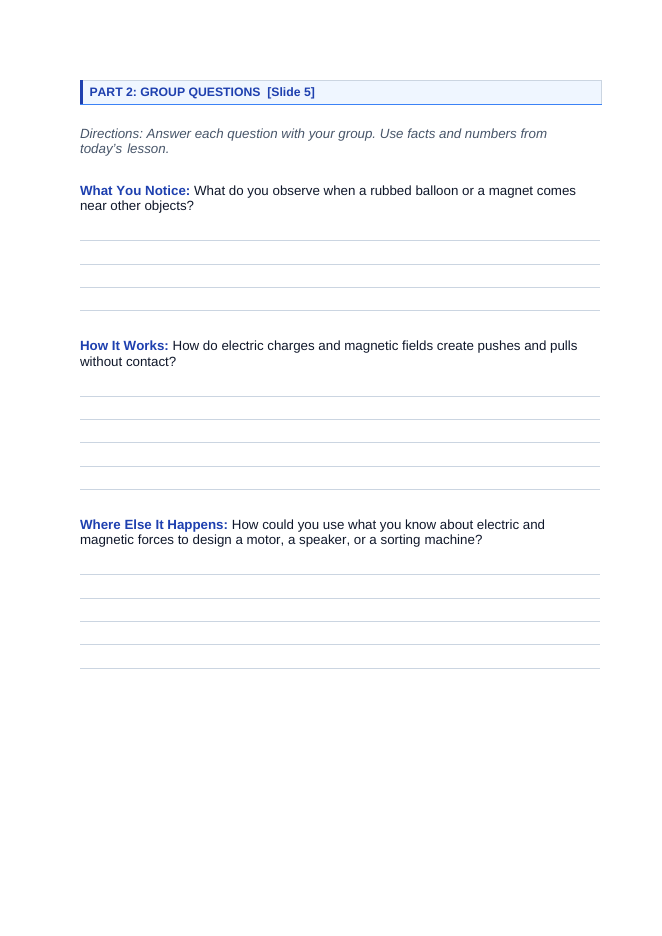 Electric & Magnetic Forces Phenomena-Based Lesson: Floating Magnets and Sticky Balloons Student Response Sheet sample page