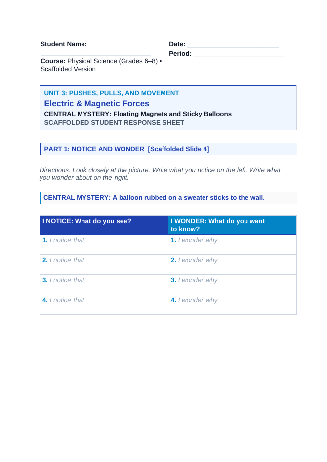 Electric & Magnetic Forces Scaffolded Phenomena-Based Lesson: Floating Magnets and Sticky Balloons Student Response Sheet sample page