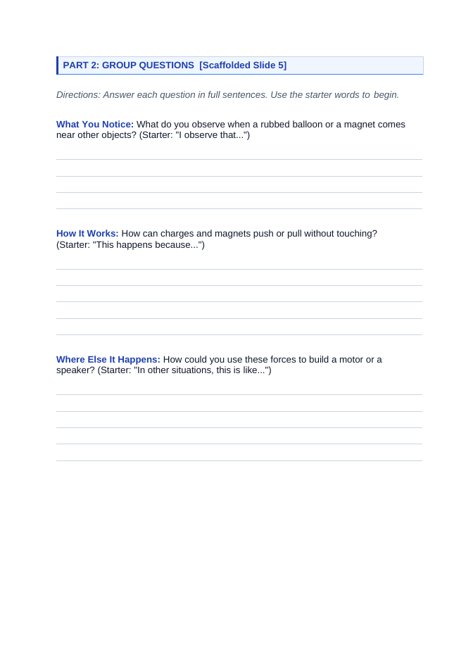 Electric & Magnetic Forces Scaffolded Phenomena-Based Lesson: Floating Magnets and Sticky Balloons Student Response Sheet sample page