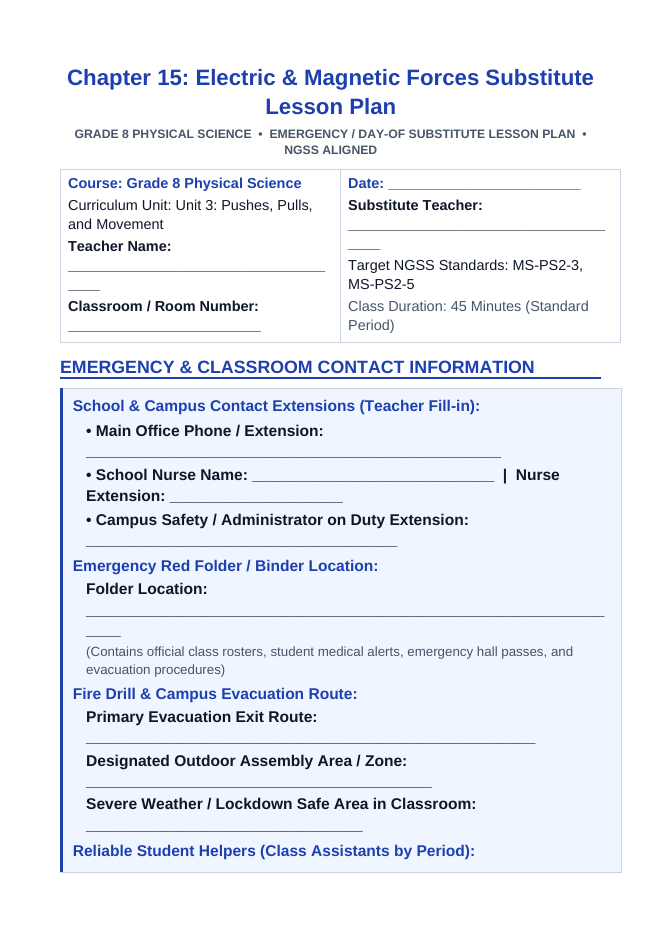 Electric & Magnetic Forces Substitute Lesson Plan sample page