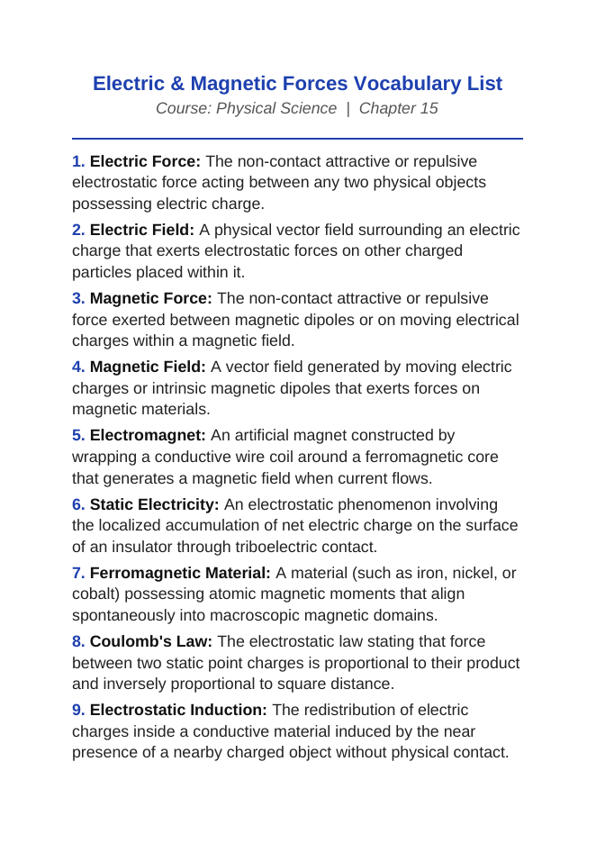 Electric & Magnetic Forces Vocabulary Words & Definitions sample page
