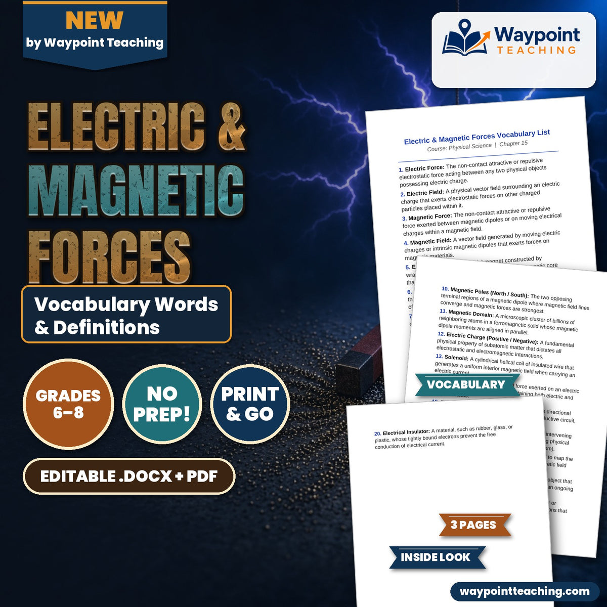 Electric & Magnetic Forces Vocabulary Words & Definitions cover