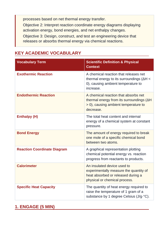 Endothermic & Exothermic Reactions 5E Lesson Plan sample page
