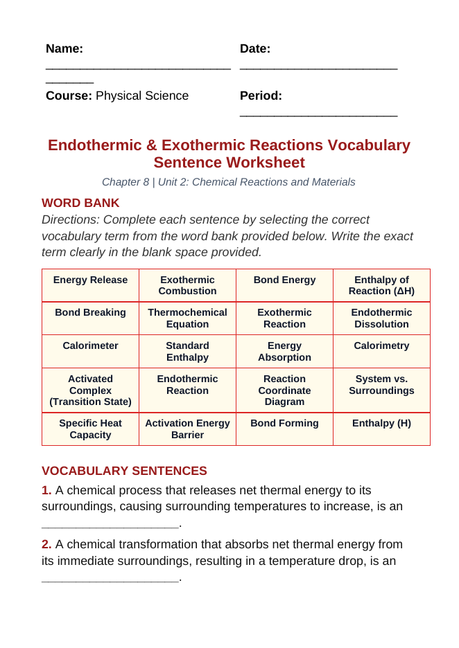 Endothermic & Exothermic Reactions Fill-in-the-Blank Vocabulary Worksheet sample page
