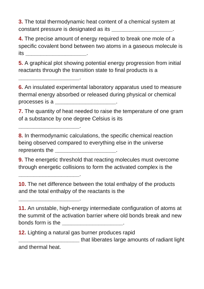 Endothermic & Exothermic Reactions Fill-in-the-Blank Vocabulary Worksheet sample page
