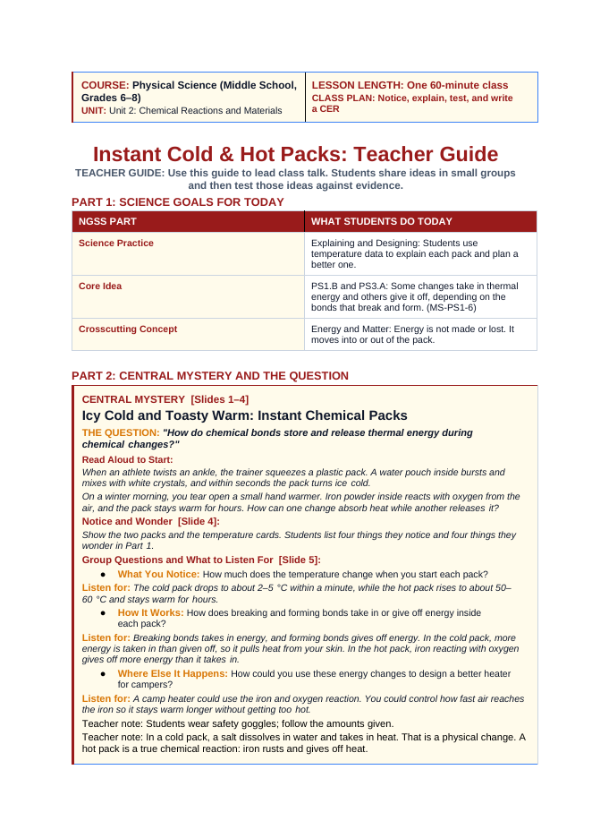 Endothermic & Exothermic Reactions Phenomena-Based Lesson: Icy Cold and Toasty Warm: Instant Chemical Packs Teacher Discussion Guide sample page