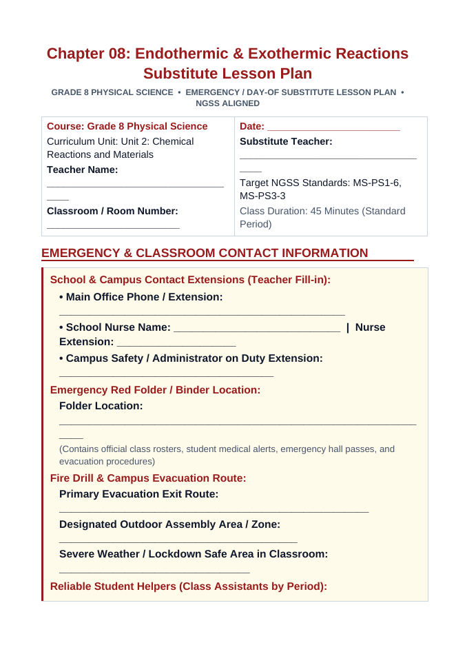 Endothermic & Exothermic Reactions Substitute Lesson Plan sample page