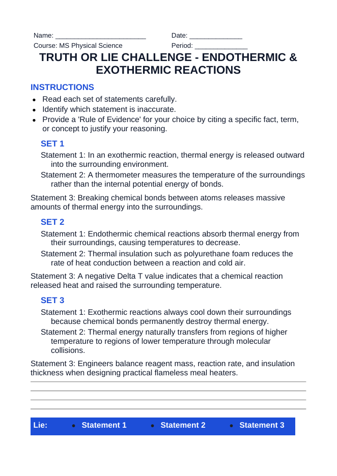 Endothermic & Exothermic Reactions Truth or Lie Challenge sample page