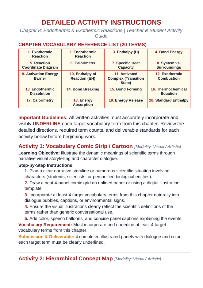 Endothermic & Exothermic Reactions Vocabulary Choice Board sample page