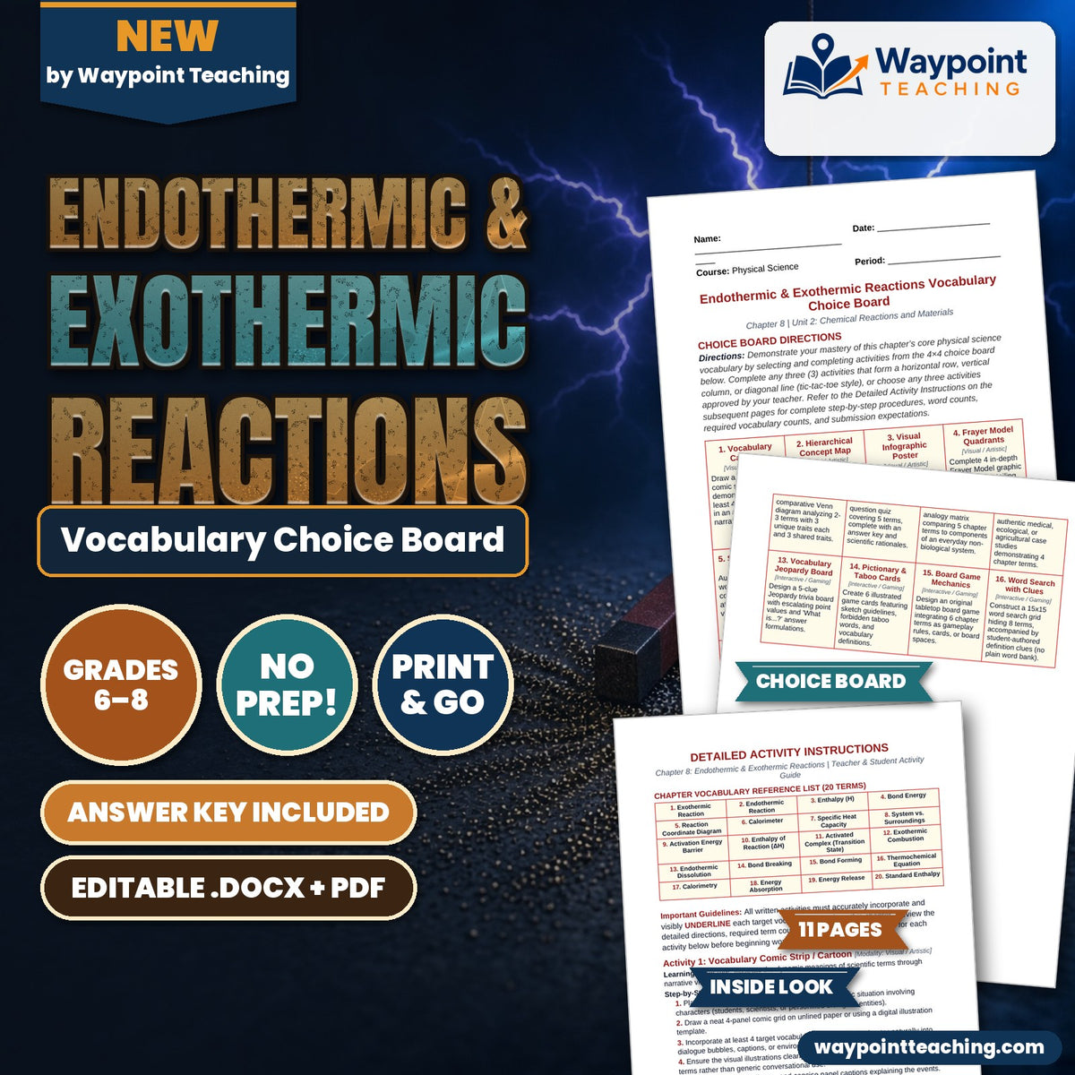 Endothermic & Exothermic Reactions Vocabulary Choice Board cover