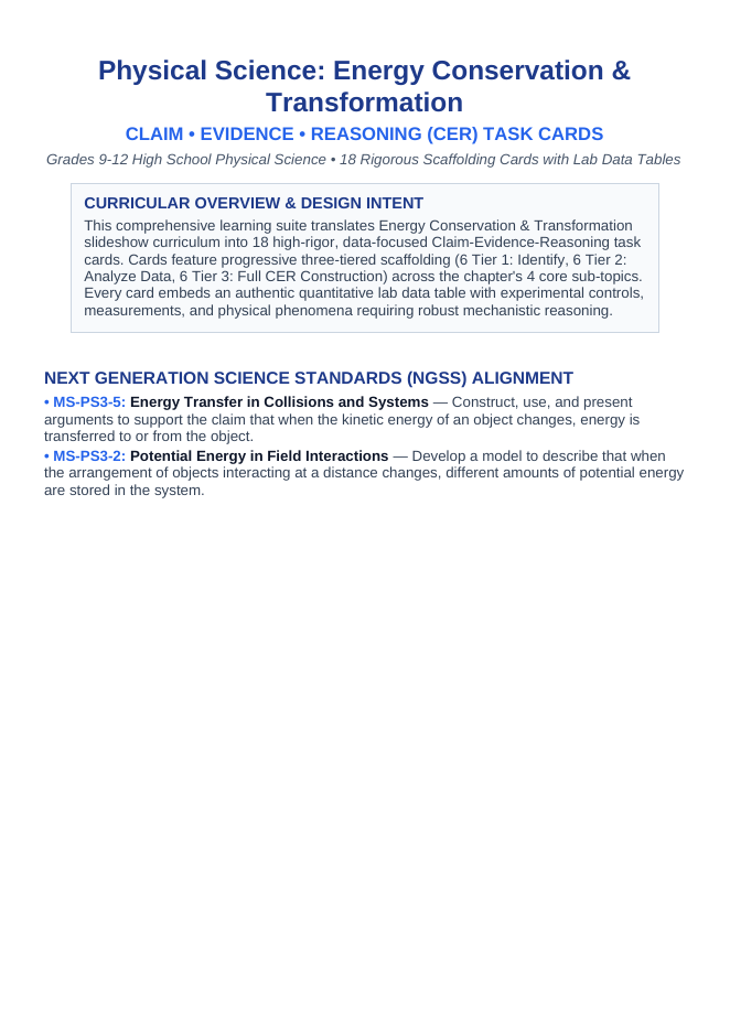 Energy Conservation & Transformation CER Task Cards sample page