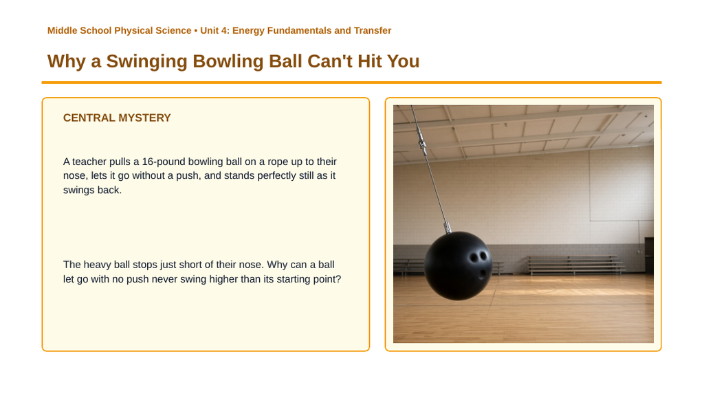 Energy Conservation & Transformation Phenomena-Based Lesson: Why a Swinging Bowling Ball Can't Hit You Presentation sample page