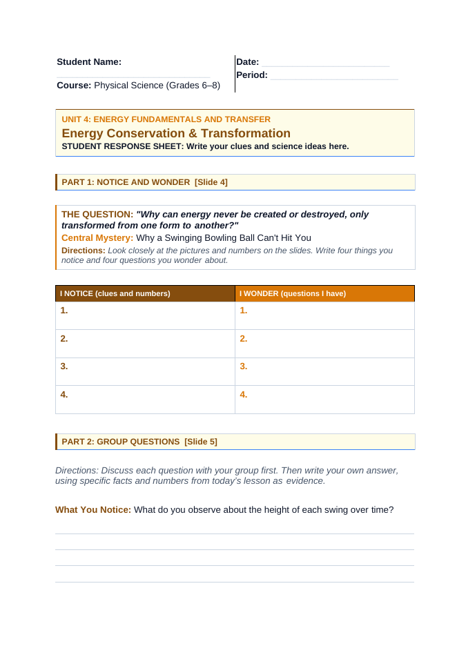 Energy Conservation & Transformation Phenomena-Based Lesson: Why a Swinging Bowling Ball Can't Hit You Student Response Sheet sample page