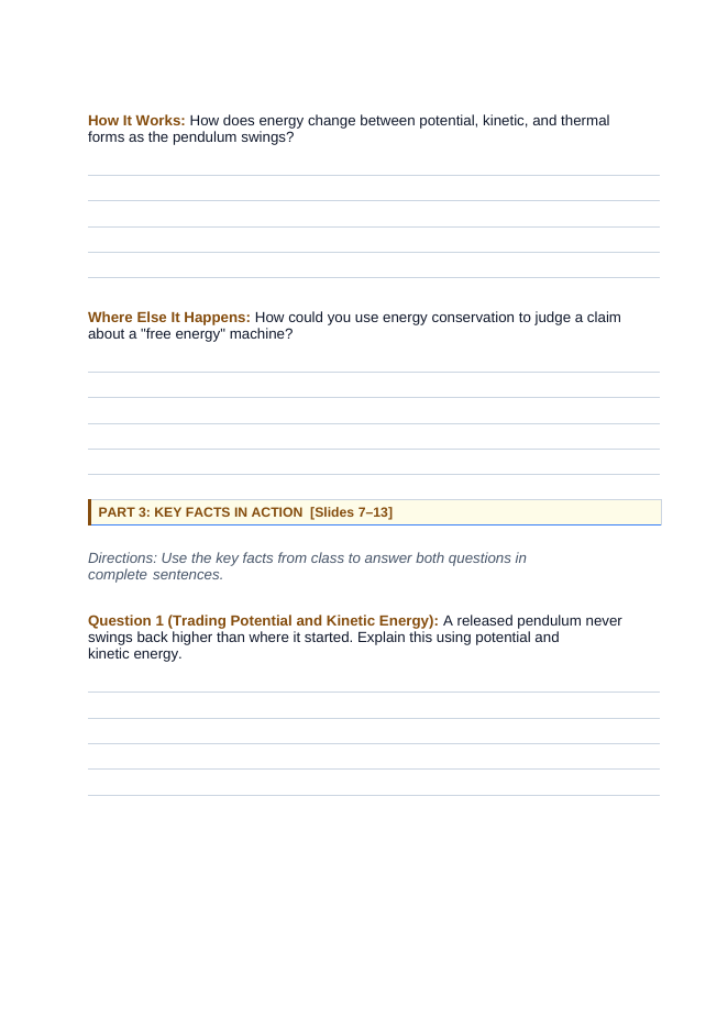 Energy Conservation & Transformation Phenomena-Based Lesson: Why a Swinging Bowling Ball Can't Hit You Student Response Sheet sample page