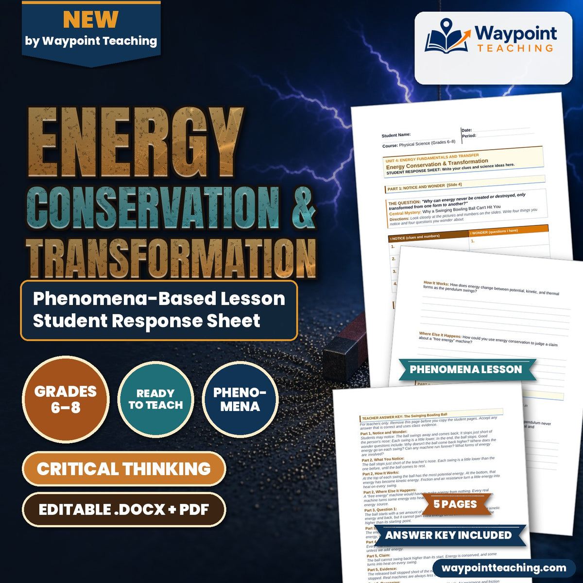 Energy Conservation & Transformation Phenomena-Based Lesson: Why a Swinging Bowling Ball Can't Hit You Student Response Sheet cover