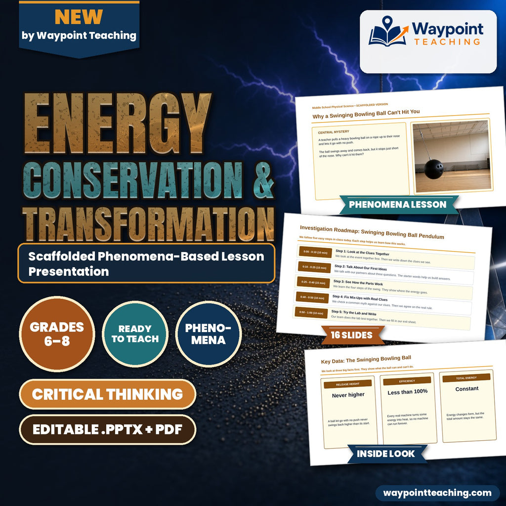 Energy Conservation & Transformation Scaffolded Phenomena-Based Lesson: Why a Swinging Bowling Ball Can't Hit You Presentation cover