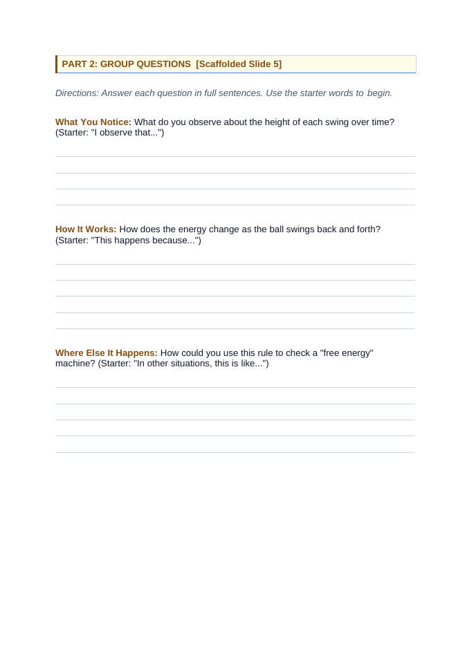 Energy Conservation & Transformation Scaffolded Phenomena-Based Lesson: Why a Swinging Bowling Ball Can't Hit You Student Response Sheet sample page