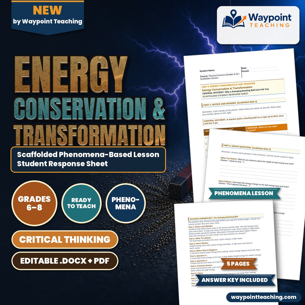 Energy Conservation & Transformation Scaffolded Phenomena-Based Lesson: Why a Swinging Bowling Ball Can't Hit You Student Response Sheet cover