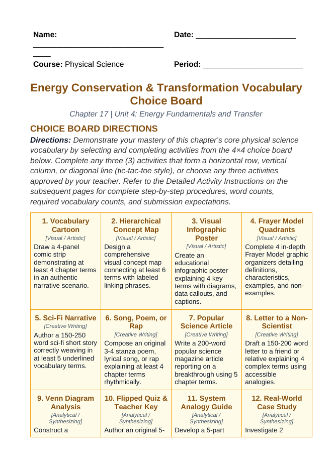 Energy Conservation & Transformation Vocabulary Choice Board sample page