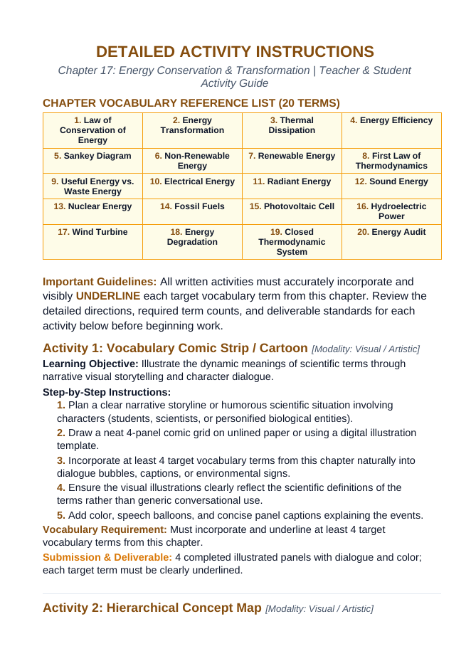 Energy Conservation & Transformation Vocabulary Choice Board sample page