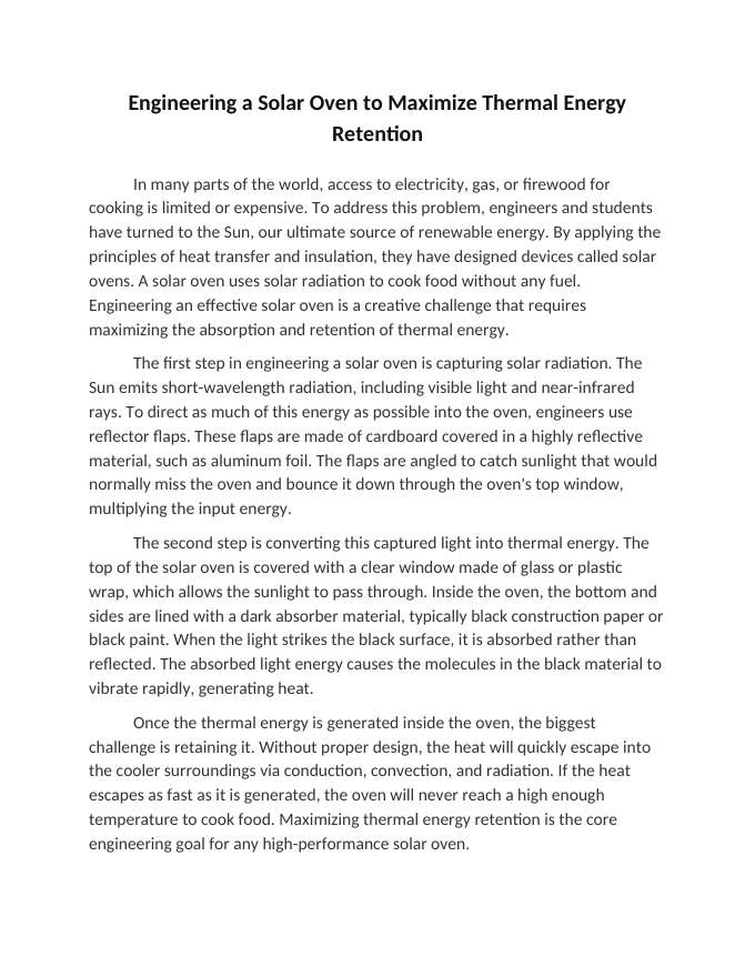 Engineering a Solar Oven to Maximize Thermal Energy Retention Reading Worksheet sample page