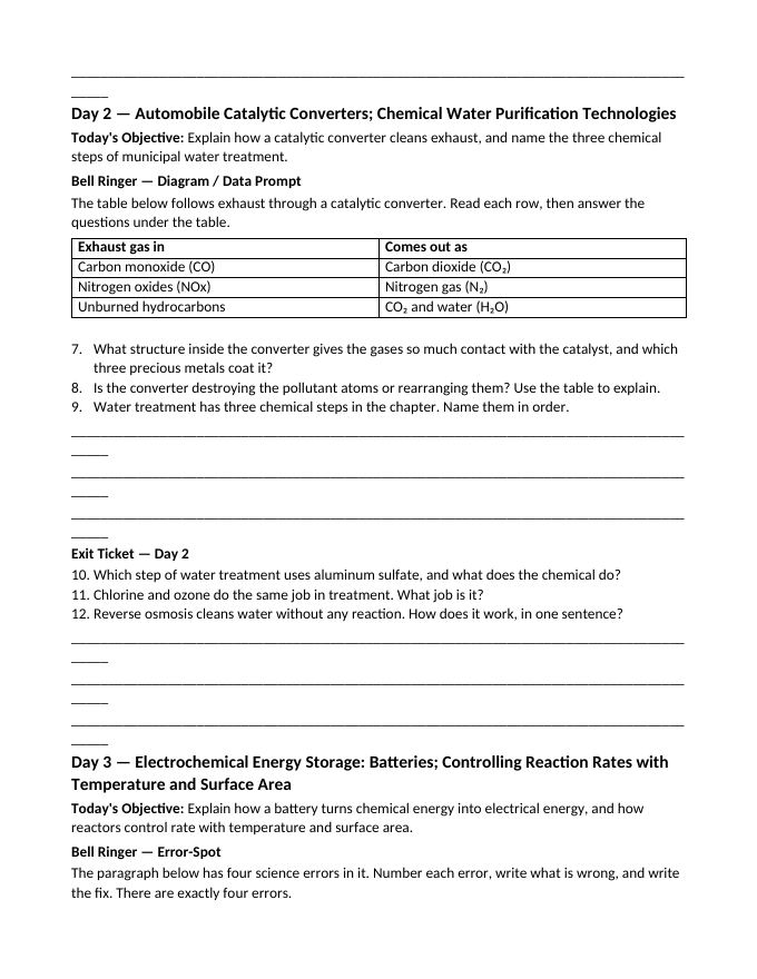 Engineering with Chemical Processes Bell Ringers & Exit Tickets sample page