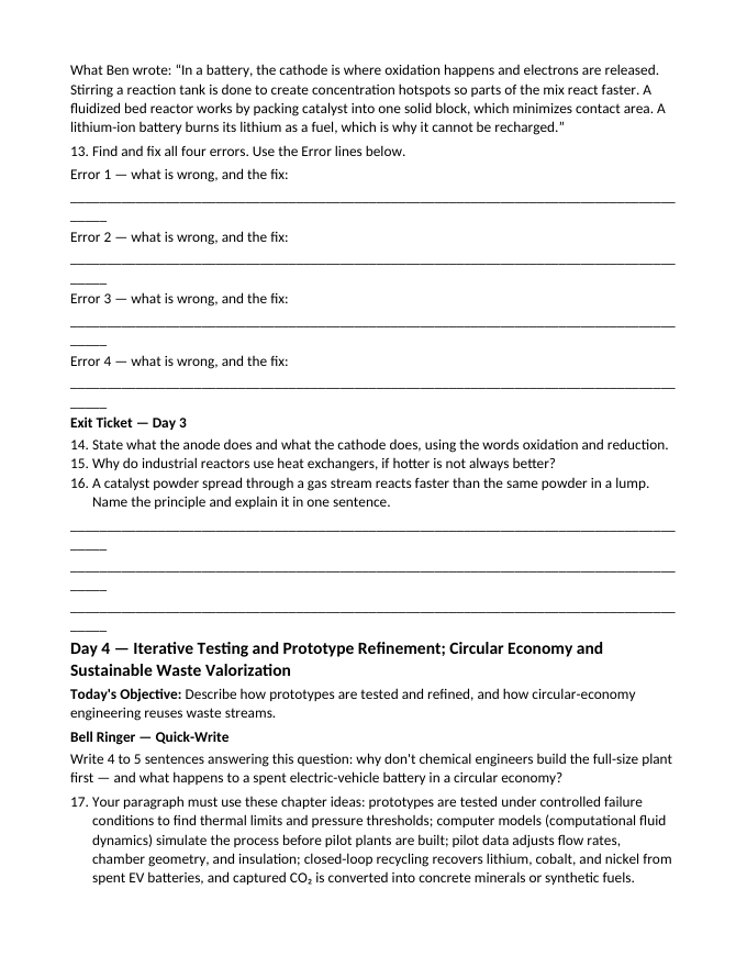 Engineering with Chemical Processes Bell Ringers & Exit Tickets sample page