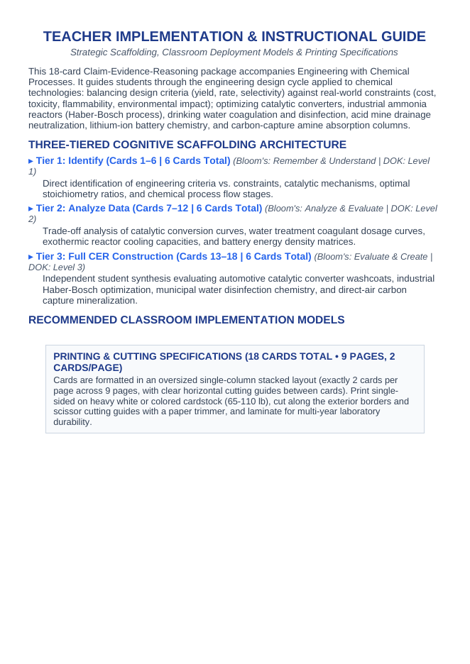 Engineering with Chemical Processes CER Task Cards sample page