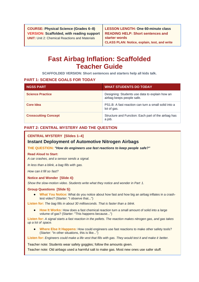 Engineering with Chemical Processes Scaffolded Phenomena-Based Lesson: Instant Deployment of Automotive Nitrogen Airbags Teacher Discussion Guide sample page