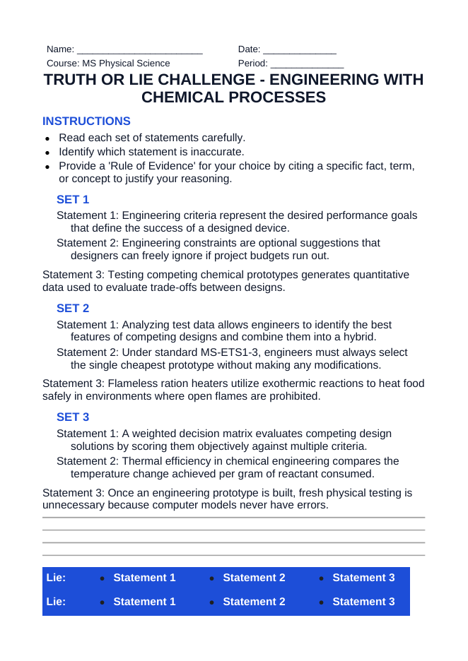 Engineering with Chemical Processes Truth or Lie Challenge sample page