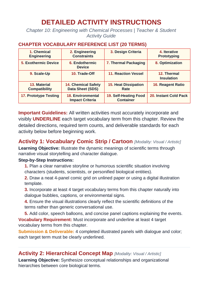 Engineering with Chemical Processes Vocabulary Choice Board sample page