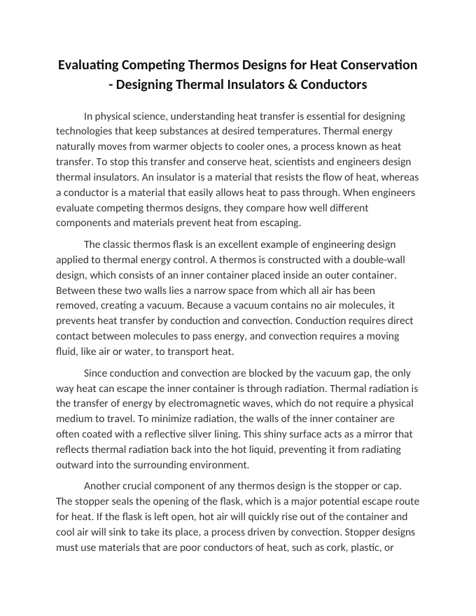 Evaluating Competing Thermos Designs for Heat Conservation Reading Worksheet sample page