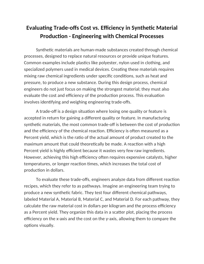 Evaluating Trade-offs Cost vs. Efficiency in Synthetic Material Production Reading Worksheet sample page