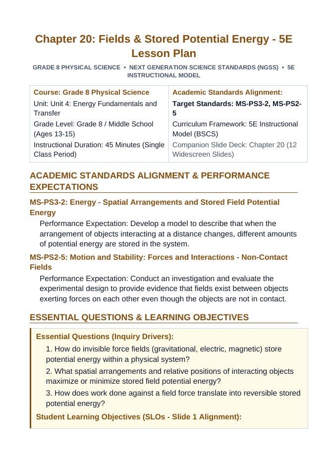Fields & Stored Potential Energy 5E Lesson Plan sample page