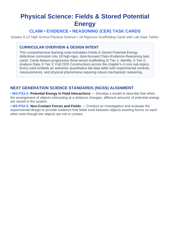 Fields & Stored Potential Energy CER Task Cards sample page