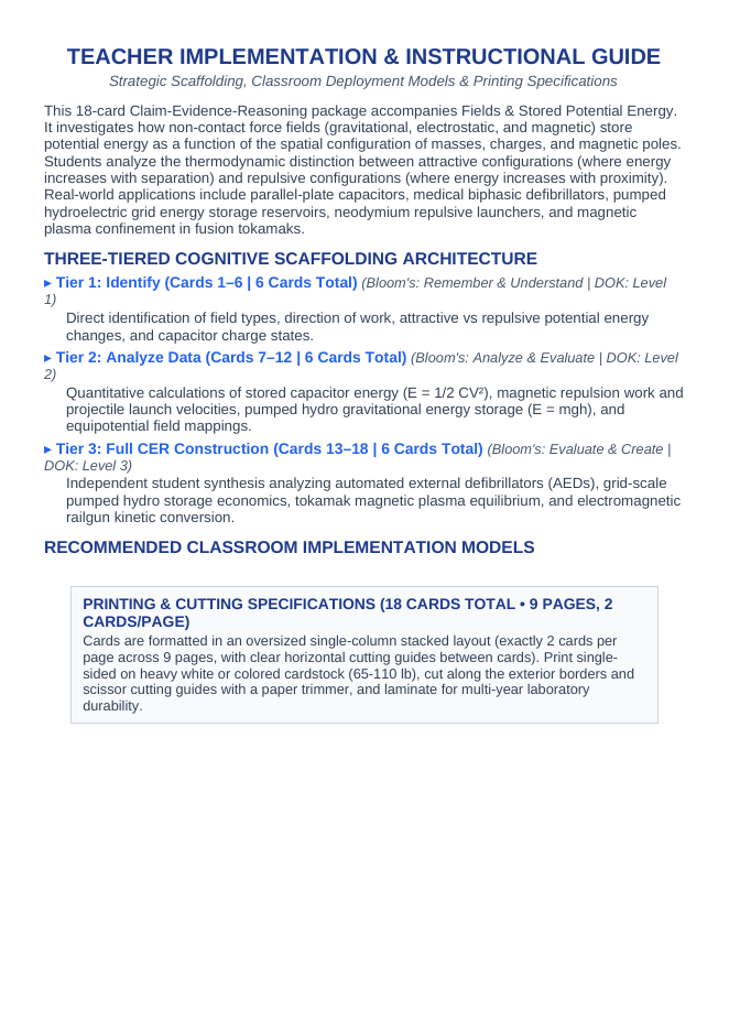 Fields & Stored Potential Energy CER Task Cards sample page