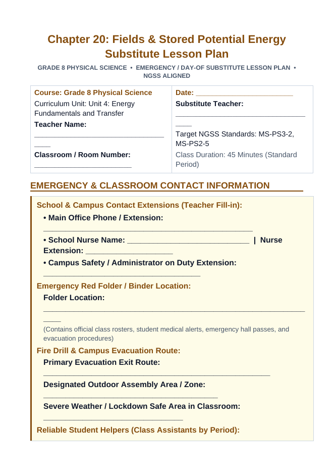 Fields & Stored Potential Energy Substitute Lesson Plan sample page